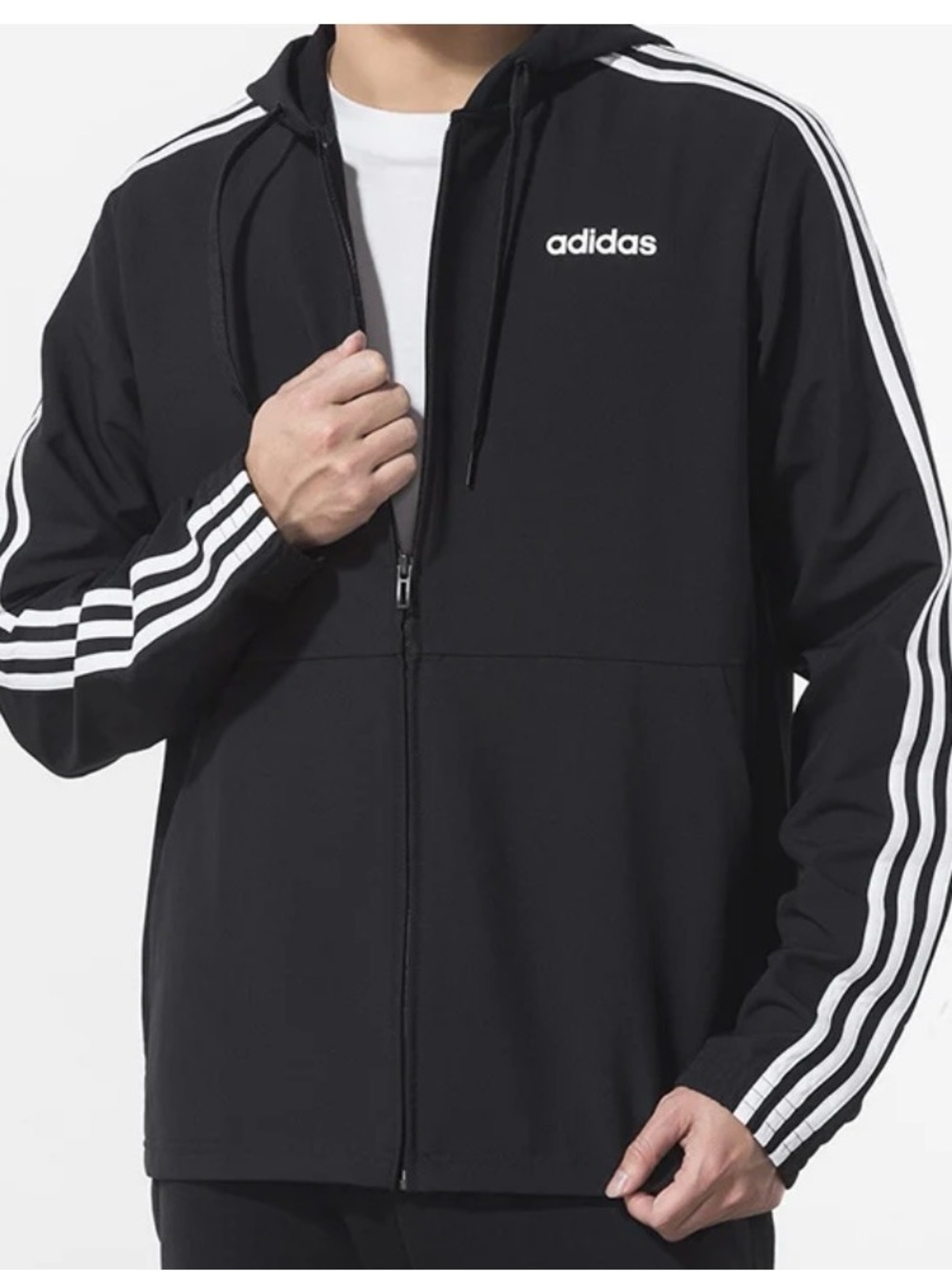 adidas Black Hooded Windbreaker with White Three-Stripe Detail